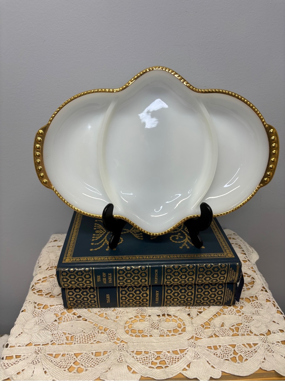 Anchor Hocking Fire-King Milk Glass Relish Tray Gold Rim Divided Serving Dish